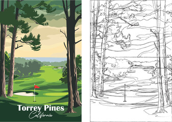 Golf Course Poster. Vector Illustration of Torrey Pines Golf Course, California with Club, Hole, and Landscape for Poster, Flyer, Invitation, Ticket, or Background