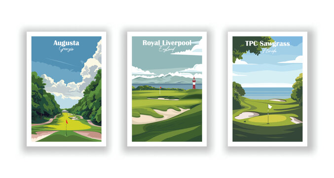 Golf Course Poster. Vector Illustration of TPC Sawgrass Golf Course, Florida, Augusta National Golf Club, Georgia, and Royal Liverpool Golf Club, Hoylake, England