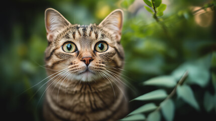 Curious cat among leaves in garden 