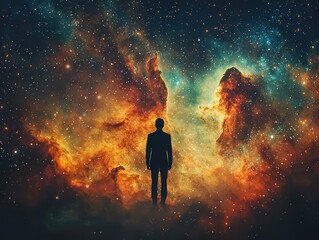 Fototapeta premium A dark silhouette of a man amidst cosmic wonders universe digital art surreal environment captivating viewpoint imagination unleashed