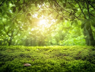 A lush forest floor with bright green moss and filtered sunlight, offering a natural and vibrant background for versatile use