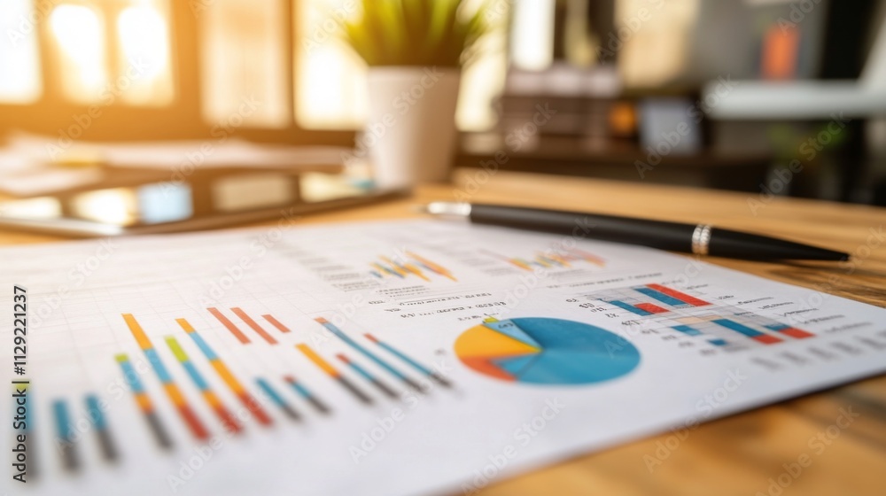 Aufkleber business charts and graphs on a table in modern office environment
