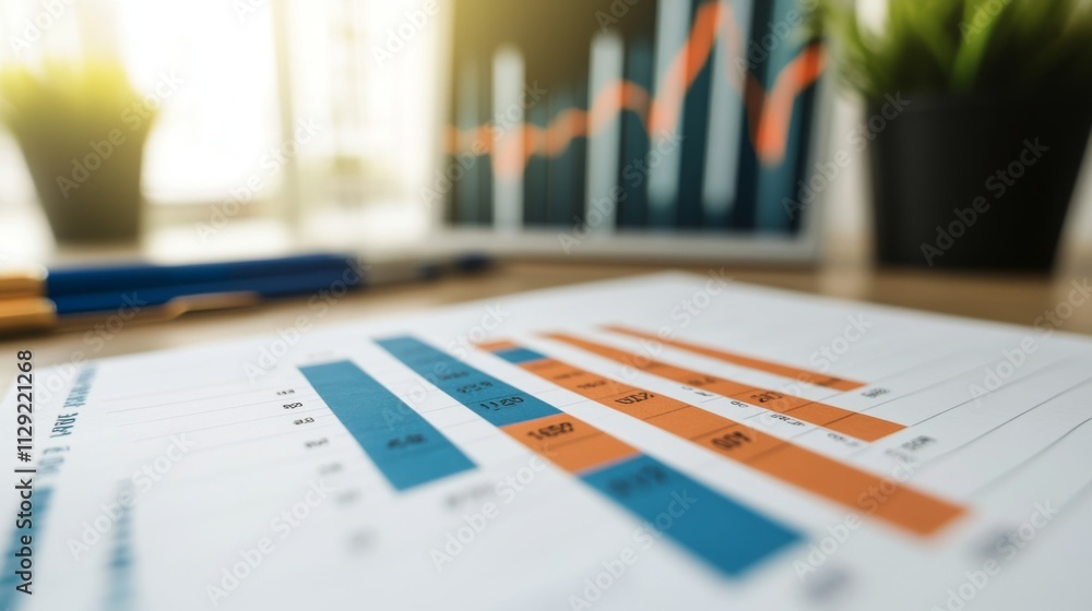 Fototapete business report with colorful bar graphs on table in workspace