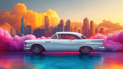Retro Car in Vibrant Urban Setting Illustration. Generative AI