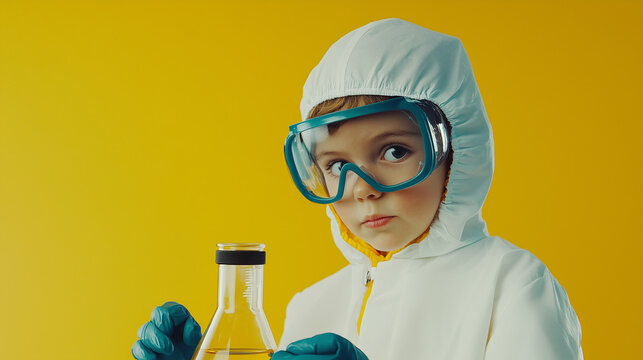 Little scientist in safety clothes and glasses holds test tube on yellow background 