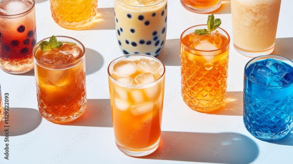 Poster Colorful Assortment of Refreshing Drinks with Ice and Garnish