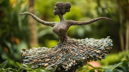 Fototapeta premium Stone sculpture of a graceful dancing woman in a garden.