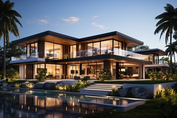 Fototapeta premium 3D illustration of a newly built luxury home with glass walls and a swimming pool.