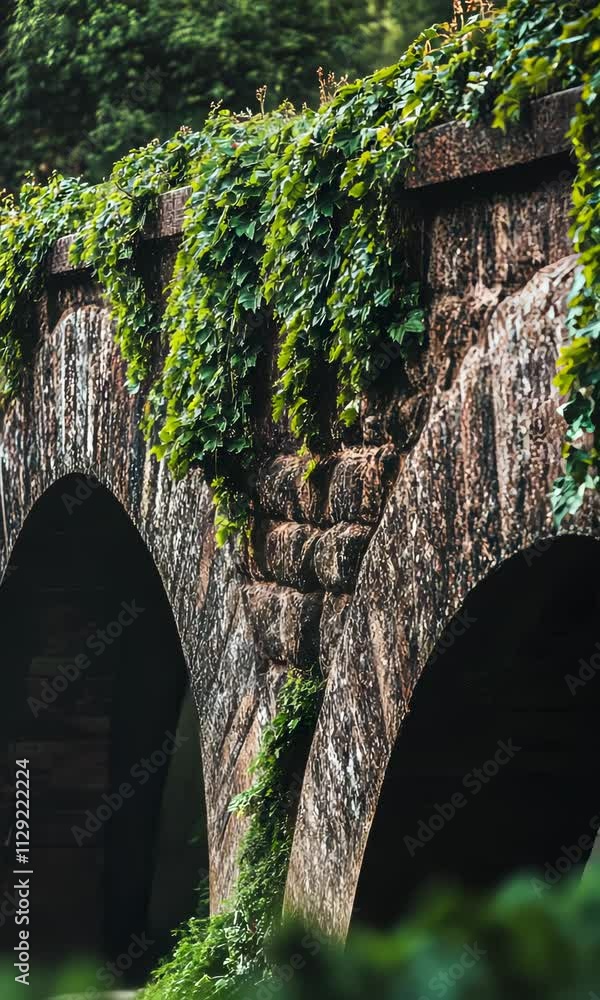 Poster exploring a rustic stone bridge covered in lush greenery in a tranquil natural setting