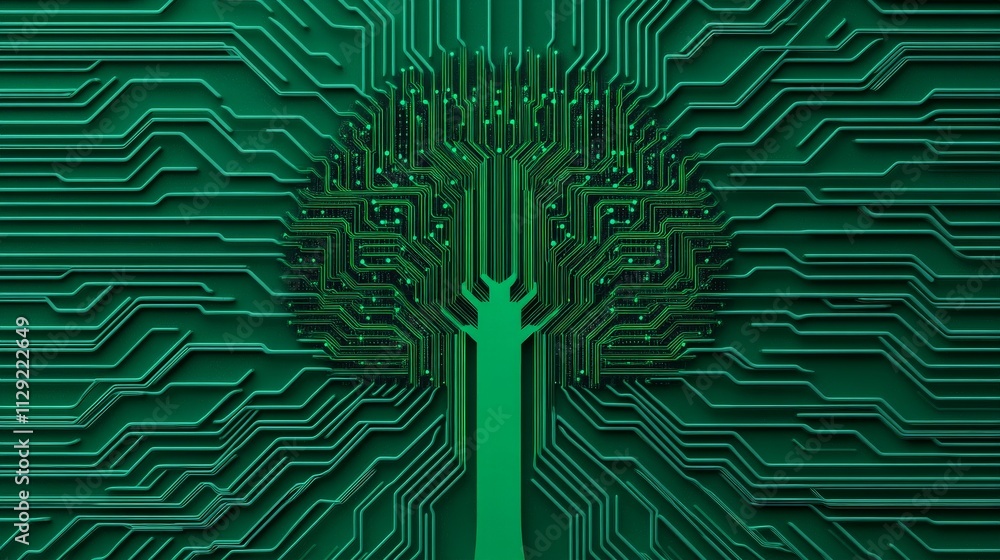 Poster the tree of technology: a digital tree, its branches formed by intricate circuit board patterns, sta