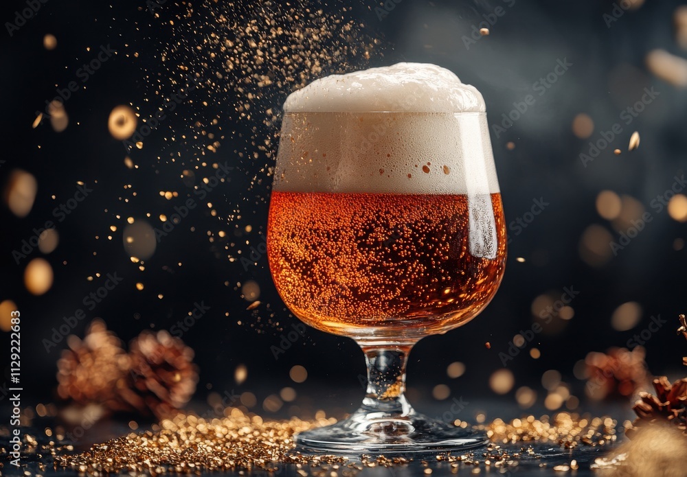 Poster sparkling amber beer in a glass with foam and festive bokeh effect surrounded by shiny confetti and 