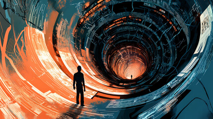 The digital labyrinth: a lone figure stands amidst a swirling vortex of interconnected screens and cables, symbolizing the overwhelming nature of the digital age. Whirlpool. Illustration