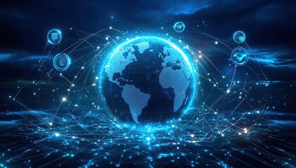 Fototapeta premium Stunning Digital Representation of Planet Earth with Bright Network Connections and Iconography Illustrating Technology and Global Communication at Night