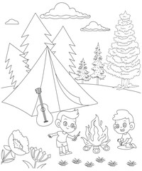 Fototapeta premium Camping coloring page for kids & adults. Unique Camping coloring book page for children. 