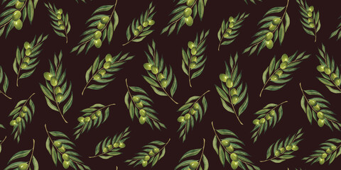 Watercolor seamless pattern with green olive branches on black background For olive oil wrapping paper design, wallpaper, floral print Italian plant Botanical ornament Natural Organic