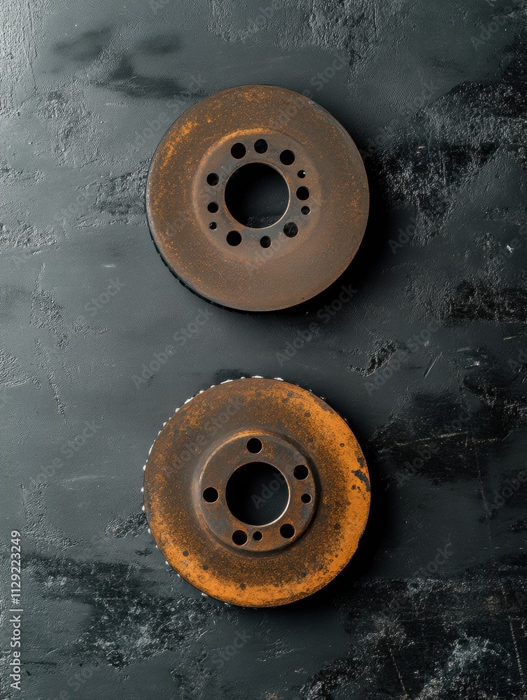 Aufkleber metallic brake pads and discs showcased against a dark textured surface, with ample space available 