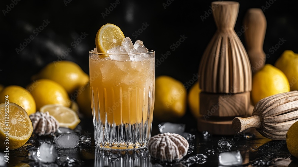 Poster refreshing lemonade drink with ice and sliced lemon on dark surface