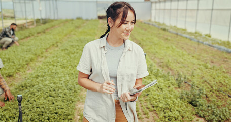 Greenhouse, production and tablet with woman on farm for agriculture, sustainability and growth....