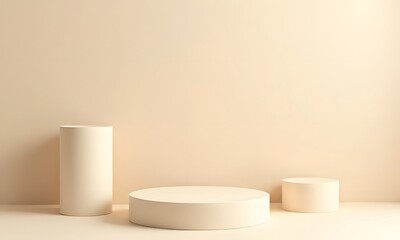 Minimal beige product display and presentation round podium. Modern 3d platform on beige background with sunlight. Geometric base space design in advertising display studio.
