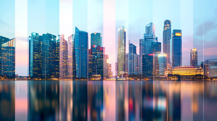 Fototapeta premium Futuristic city skyline with mirrored reflections at dusk.