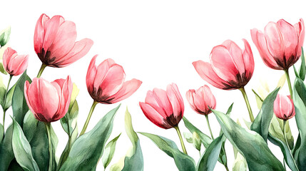 Fototapeta premium Bright pink tulips bloom vibrantly in spring gardens, celebrating Easter. Their lush green leaves complement the cheerful atmosphere of the holiday season