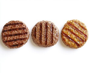 Three Grilled Meat Patties on White Background Showcasing Different Textures and Colors, Perfect for Culinary Themes and Food Photography Projects