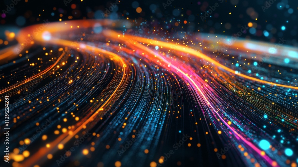 Poster abstract light trails with colorful particles on dark background