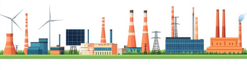 A vibrant illustration showcasing various industrial buildings, including factories and renewable energy sources like wind turbines.