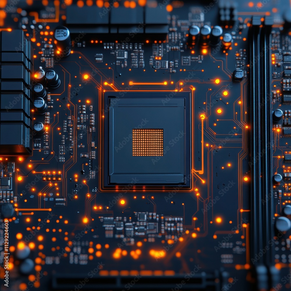 Poster close-up of a computer motherboard with intricate circuits and glowing components, showcasing modern