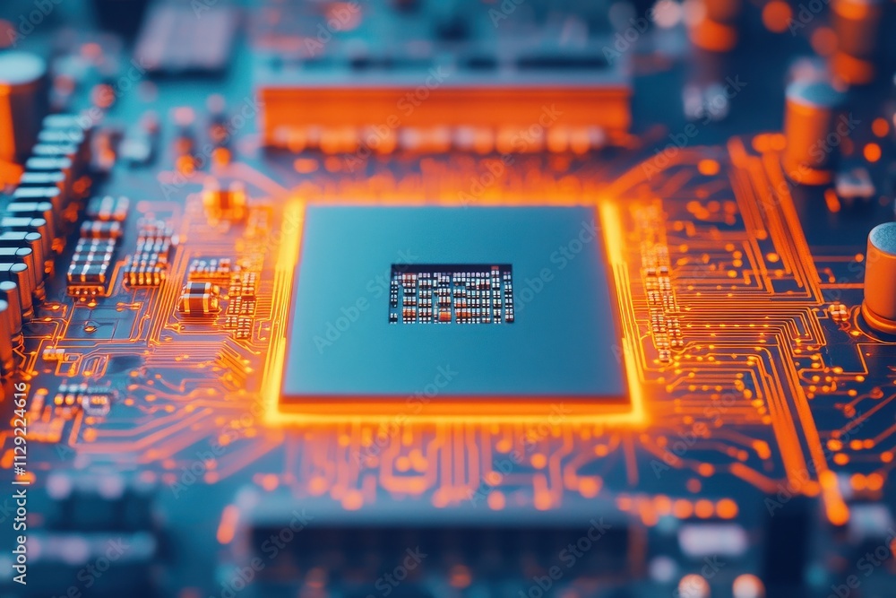 Poster close-up of a glowing computer chip on a circuit board showcasing advanced technology and electronic