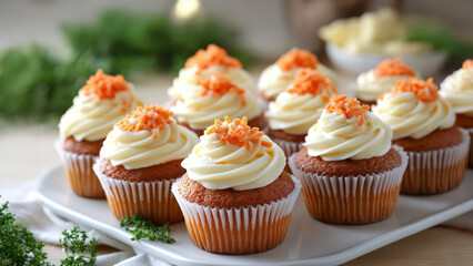 Colorful carrot cake cupcakes are beautifully topped with creamy frosting and festive sprinkles, making them perfect for Easter gatherings and celebrations