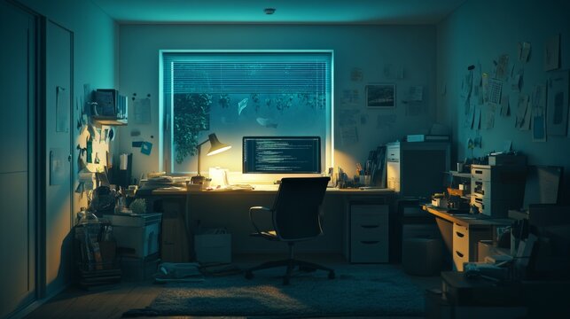 Cozy Nighttime Workspace with Computer and Ambient Lighting