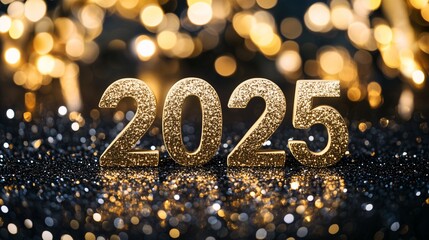 a stunning celebration of the new year 2025 with glittering golden numbers, sparkling bokeh lights, and a luxurious festive atmosphere.
