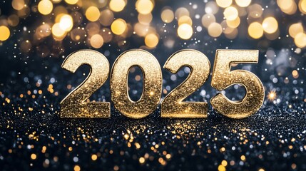 a stunning celebration of the new year 2025 with glittering golden numbers, sparkling bokeh lights, and a luxurious festive atmosphere.
