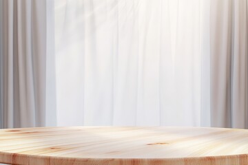 Sunlight through sheer curtains illuminates a round wooden table.