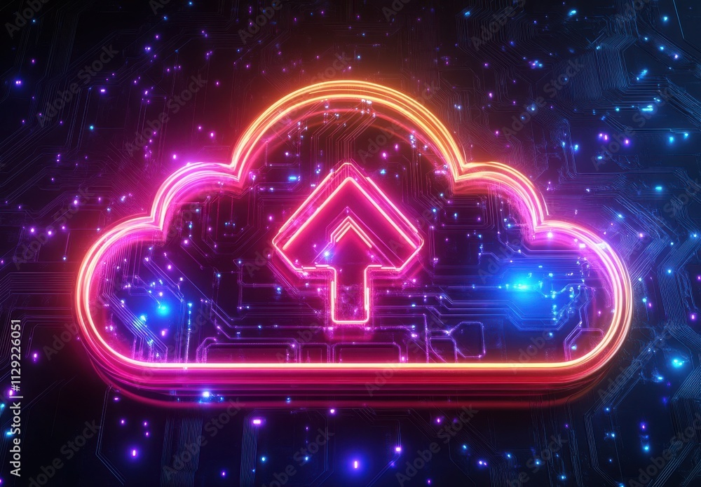 Poster vibrant neon cloud upload symbol with circuit board background, representing technology, data transf