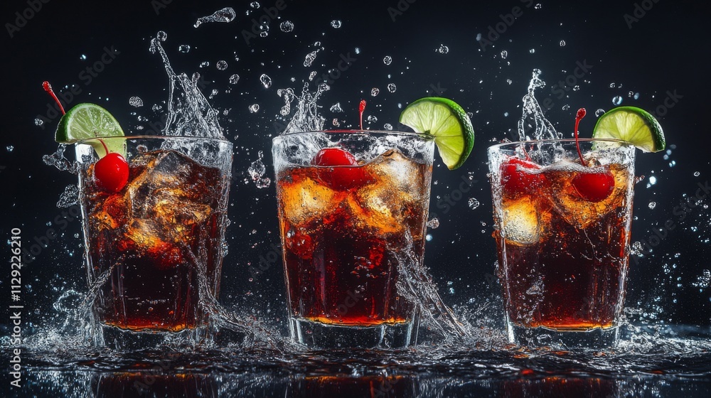 Poster Refreshing Splash of Cold Beverages with Citrus and Cherry Garnish