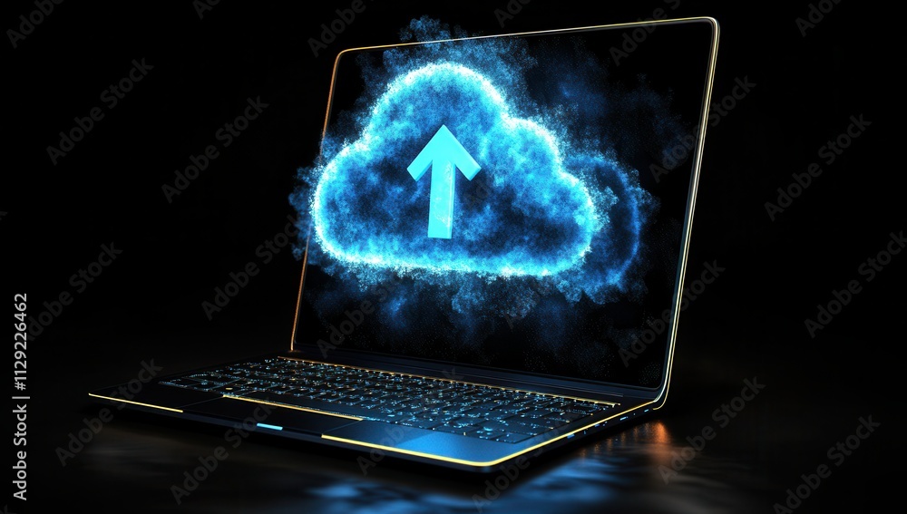 Aufkleber vivid representation of modern technology: cloud computing concept with laptop depicting upload symb