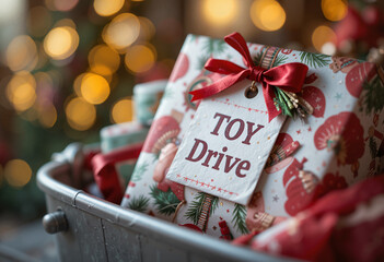 Wrapped Christmas gifts for charity with a "Toy Drive" tag in warm bokeh background