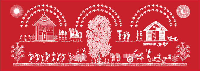 Lines of Life: A Warli Tapestry of Rural Existence. Warli art rural life, Warli village scene, Indian folk art rural, Warli countryside painting. © Ashish