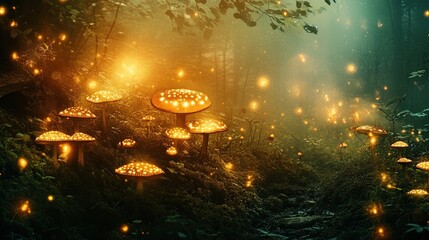 Digital Photography Backdrop. A mystical enchanted forest with glowing mushrooms. and fog. 