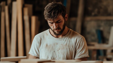 A focused carpenter shaping wood in a workshop, showcasing craftsmanship and dedication to woodworking.