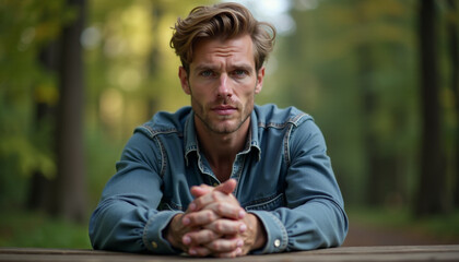 A handsome man sits with his hands clasped in front of him