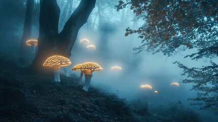Digital Photography Backdrop. A mystical enchanted forest with glowing mushrooms. and fog. 