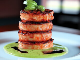 Gourmet Grilled Scallops Stack Green Sauce Basil Garnish