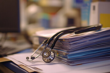 Close up of stethoscope resting on medical Files generated.AI