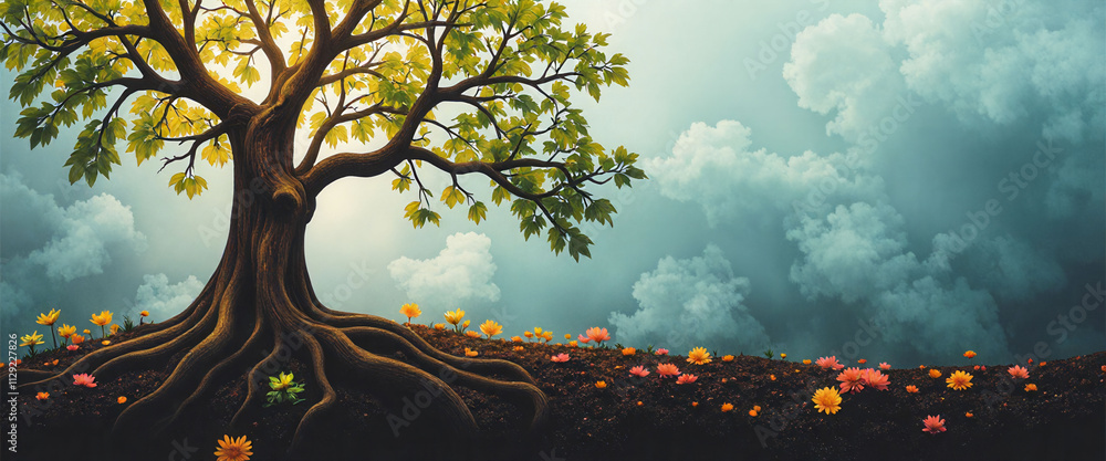 Poster a tree with a large trunk and many branches is growing in a field of flowers