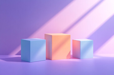 A minimalist composition featuring three cubes of varying sizes in shades of blue, pink, and orange against an empty purple background