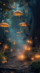 Digital Photography Backdrop. A mystical enchanted forest with glowing mushrooms. and fog. 