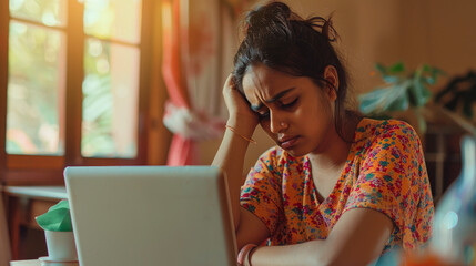 Frustrated indian woman leans head on hand working on laptop image. Indoor workspace burnout photography scene wallpaper. Home office workplace anxiety concept photorealistic photo